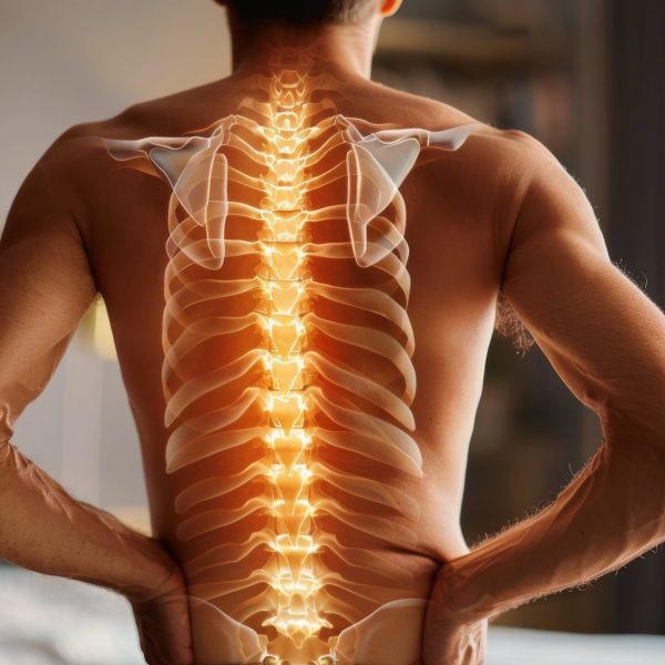 A man in a white shirt is experiencing back pain, shown by him holding his lower back with his hands.